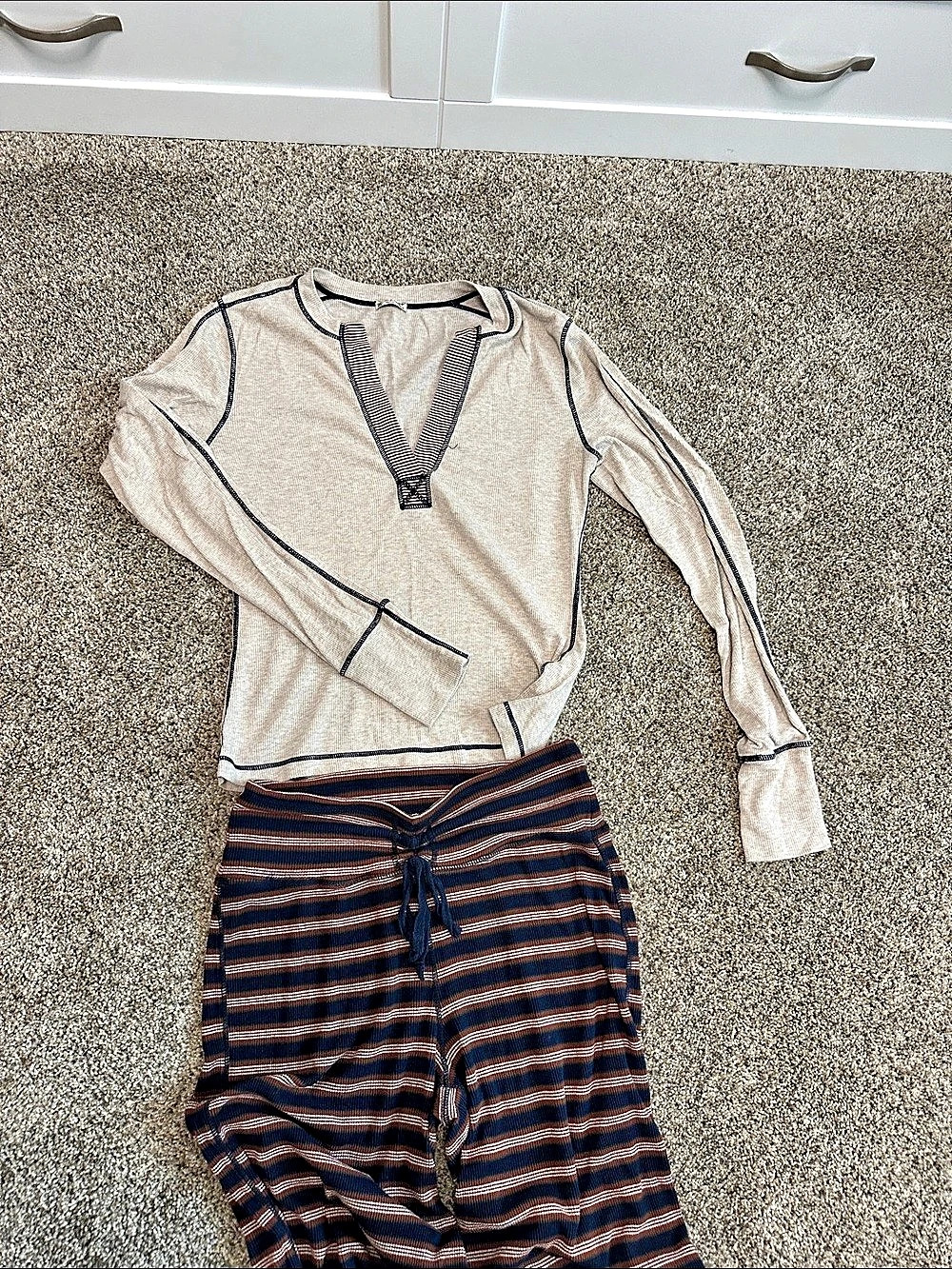 Free People Striped Wide-Leg Lounge Set in Brown & Cream